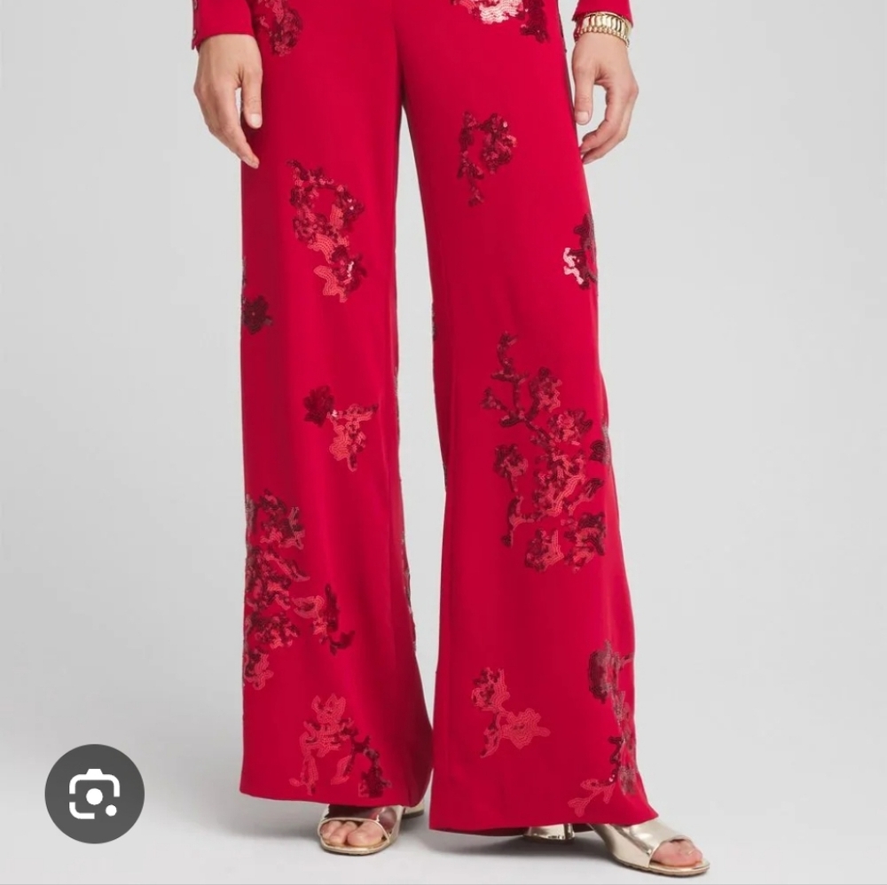 Chico's Vibrant Red Sequin Floral Wide Leg Pants